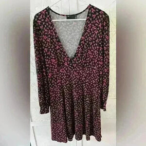 ASOS Black Dress w mini floral pattern Y2K 90s Sz 10 Tall Deep V Neck